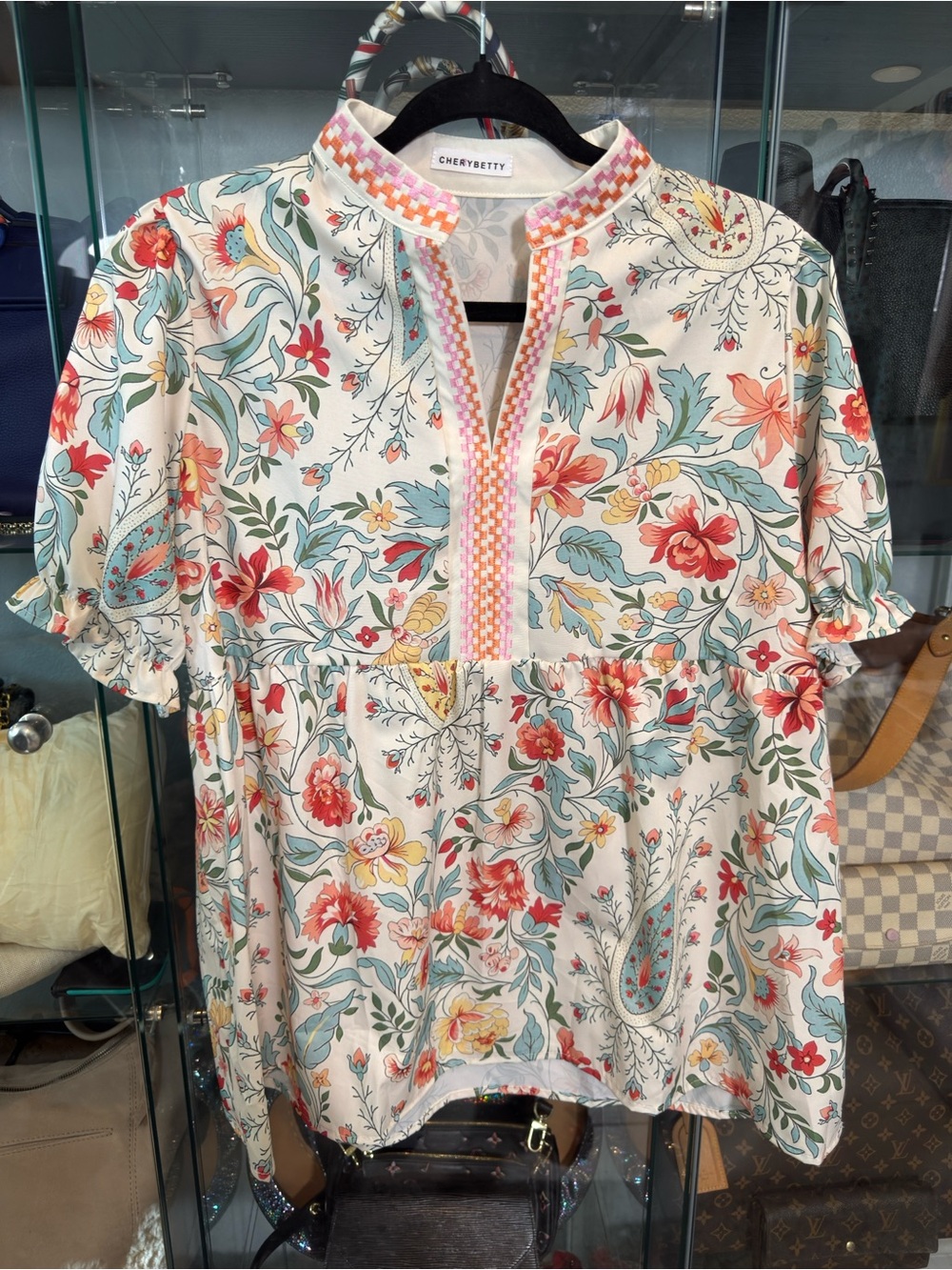 Cream Floral Short-Sleeve Peasant Blouse